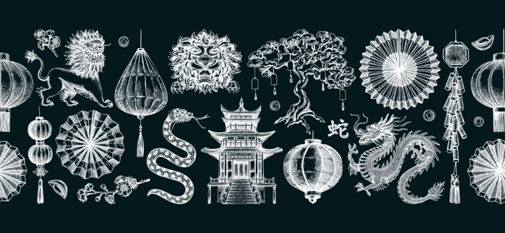 Chinese New Year decoration in sketch style. China seamless border on chalkboard. NOT AT generated